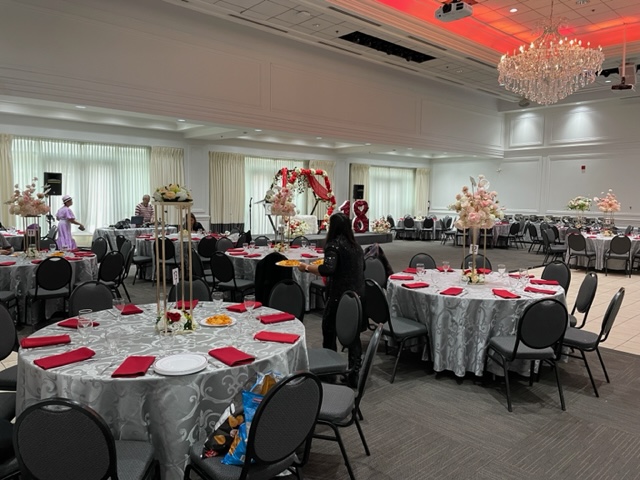 Stylish wedding decor with stage backdrop