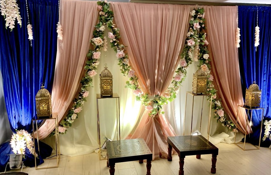 Wedding decor with floral seating stage